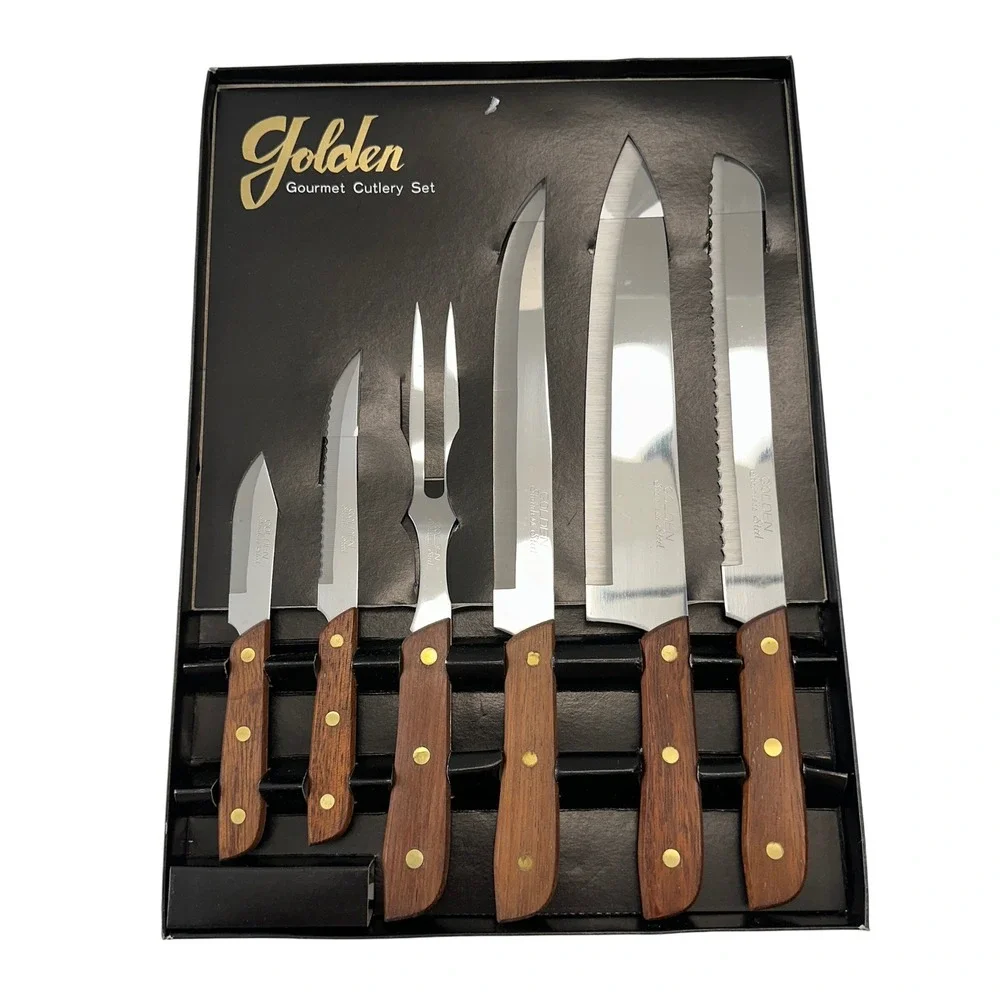 Vintage Golden Gourmet Cutlery Set 6 Piece Carving Knife Fork Stainless Steel